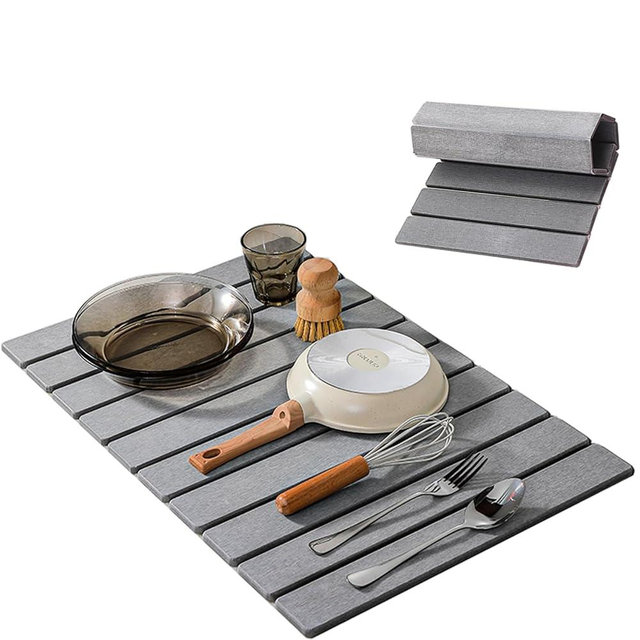 ELESULTRA Stone Drying Mat For Kitchen Counter - 24"x16" Quick Dry Dish Drying Mat Large Foldable Stone Dry Mats for Bathroom Absorbent Drying Mats for Kitchen Dishes Bath Pets Trivet (Grey)