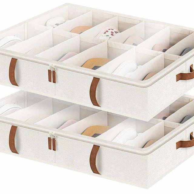 StorageWorks Under Bed Shoe Storage Organizer, Underbed Shoes Container with Adjustable Dividers, Beige, 2-Pack, Fits 24 Pairs