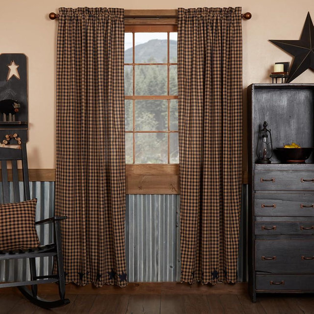 VHC Brands Star Cotton Primitive Curtains Rod Pocket Tie Back(s) Appliqued Panel Pair, of King, Navy Blue