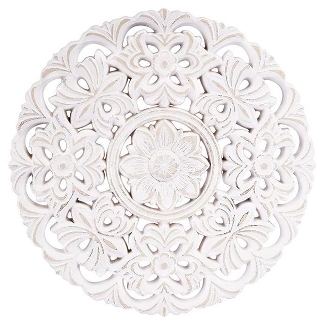 Wall Hanging Flower Heritage Round Wall Art Wooden Wall Panel Distressed White Wall Plaques Decorative Wall Medallions Home Decor Christmas Day Gift Festival for Living Room Bedroom (Size: 12in)