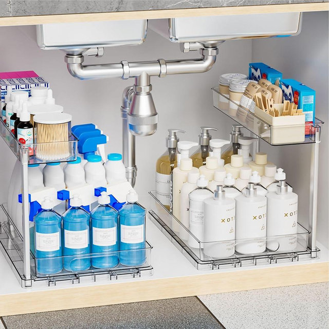 Yieach 2 Pack Under the Sink Organizer for Under Bathroom Sink,14.5″ Deep Sliding Inder Sink Organizer for Kitchen Cupboard,2 Tier Undersink Organizers for Vanity,Under Counter Storage Organization