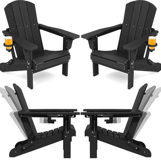 SERWALL Folding Adirondack Chair Set of 4, Adjustable Adirondack Chair with 3 Recline Positions, All Weather HDPE Outdoor Adirondack with Cup Holders, Black