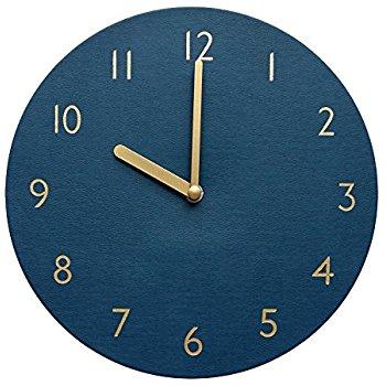 Decorative Wall Clock Silent & Non-Ticking Quartz Clock PU Leather Lightweight 0.4lb Round 9" (Navy)