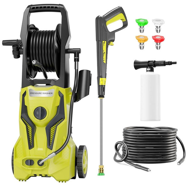 Electric Pressure Washer 3.2GPM Power Washer with 25FT Hose Reel and 4 Nozzles, 5000PSI Max High Pressure Cleaning Machine with Foam Cannon for Cars Fences Driveways Patios, Yellow