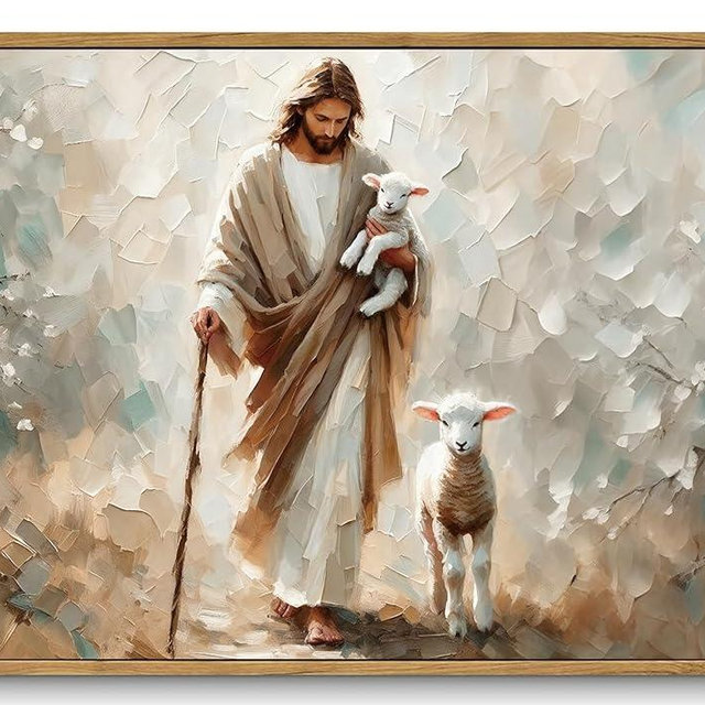 ZZTCYSU Jesus Canvas Wall Art Christian Framed Wall Art Good Shepherd Jesus Finds The Lost Lamb Modern Bible Print Religious Faith Artwork Decor for Living Room Bedroom Church 16"x24" Framed