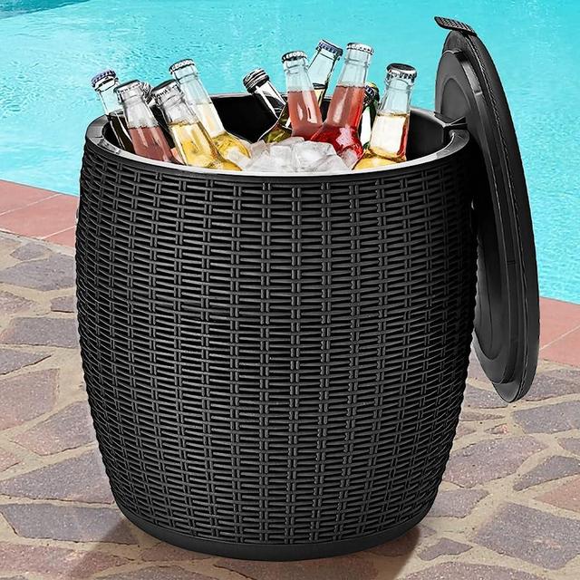 Tangkula 9.5 Gal Cooler Bar Table, Patio Wicker Ice Cool Bar Table, Outdoor Rattan Bar Table with Ice Bucket, Ice Bucket with Side Handles & Lid, Beer & Wine Cooler for Party, Poolside, Deck, Yard