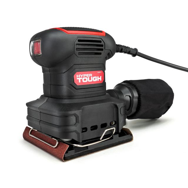 Hyper Tough 2 Amp Corded 1/4 Sheet Palm Sander with Dust Bag, Vacuum Hose Adapter, Punch Plate & 3 Sanding Sheets (60, 80 & 120 Grit)