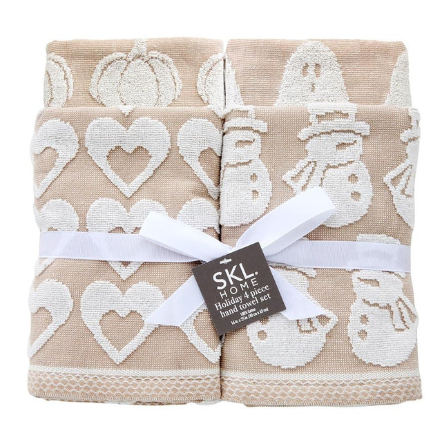 SKL Home Seasonal Holiday Jacquard 100% Cotton Reversible 4pc Hand Towel Gift Set, Soft & Absorbent, Decorative for Bath/Kitchen/Bar, Tan
