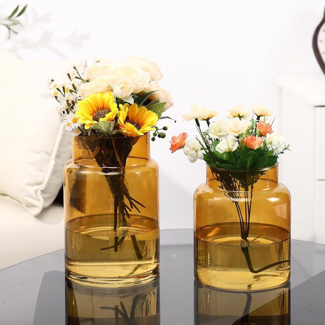 PORPAN Large Glass Vase, Amber Glass Vase Set of 2, Large Flower Vases for Bouquet, Tall Wide Mouth Vases for Flowers, Home, Wedding, Living Room, Office Decor, 7"+9"