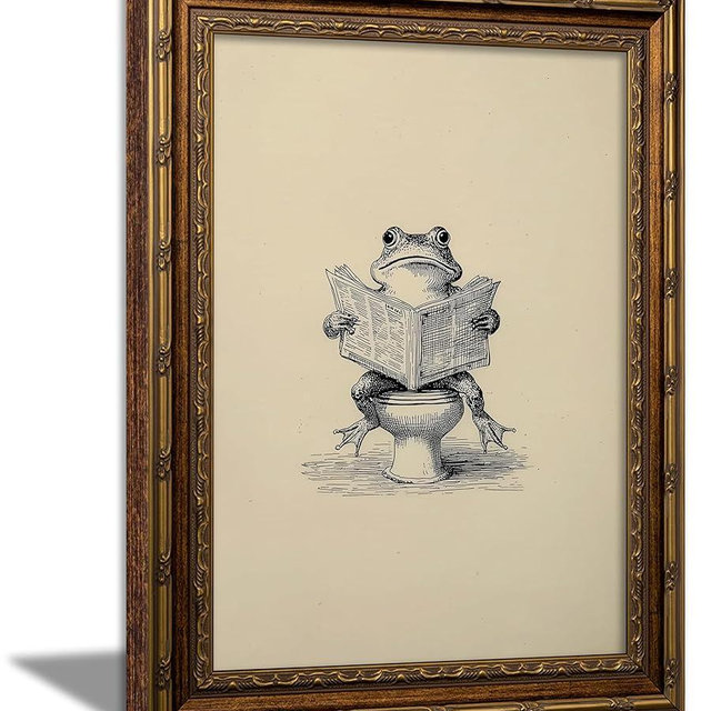 Vintage Gold Framed Funny Animal Bathroom Wall Art, Frog on the Toilet Reading Newspaper Wall Decor, Black White sketch Painting Canvas Prints, Interesting Minimalism Artwork for Bathroom Home Decor