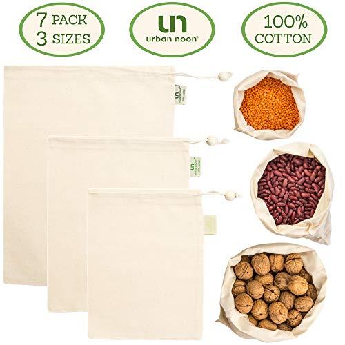 Muslin Produce Bags - Organic Cotton Reusable Eco Bag - 3 Sizes in Set of 6 + 1 Storage Bag - Strong - Durable - with Drawstring - Tare Weight on Tag - Grocery and Storage Food Bag