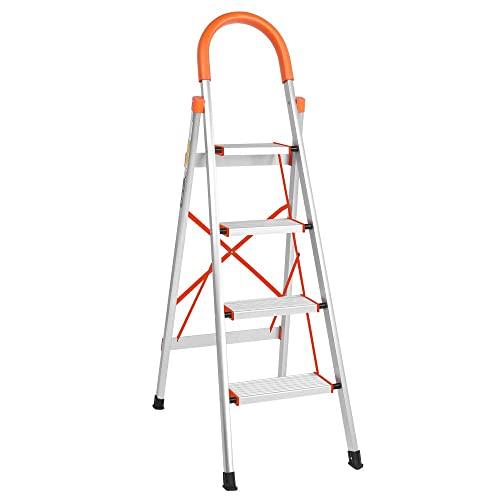LUISLADDERS 4 Step Stool Folding Aluminum Step Ladder Anti-Slip with Rubber Hand Grip Lightweight Multi Purpose Portable Home Ladder 330lbs EN131