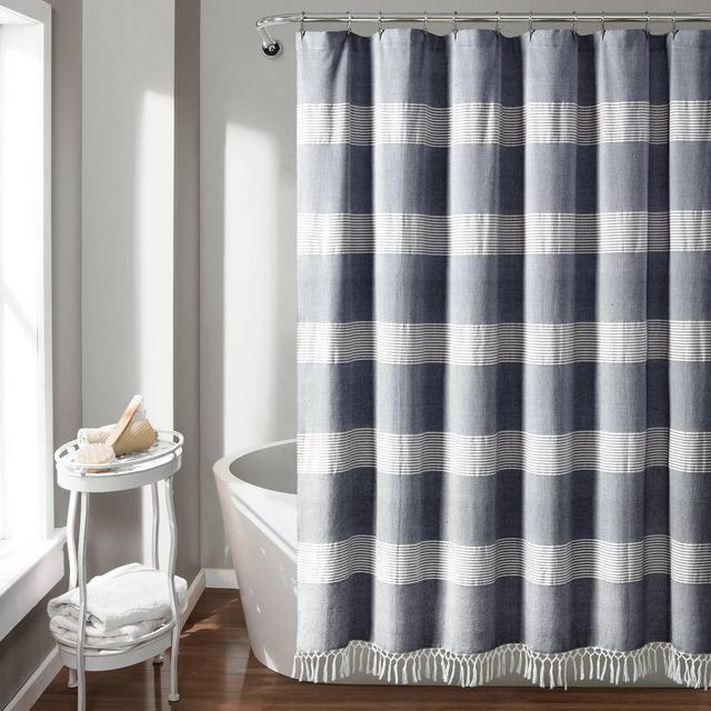 Tucker Stripe Yarn Dyed Cotton Knotted Tassel Shower Curtain Navy/White - Lush Décor