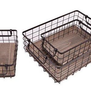 Metal Wire Storage Baskets with Natural Wood Base, Set of 3 Nesting Organizers with Handles