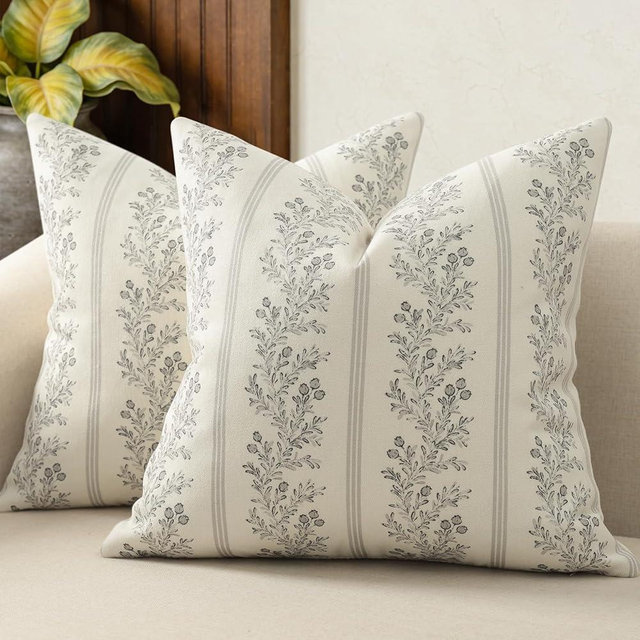 DKwizme Vintage Throw Pillow Covers 18x18 Set of 2, Striped Floral Pillow Cover Botanical Patterned Decorative Cushion Covers Modern Farmhouse Home Decor for Sofa Couch Bed Living Room, Quiet Gray