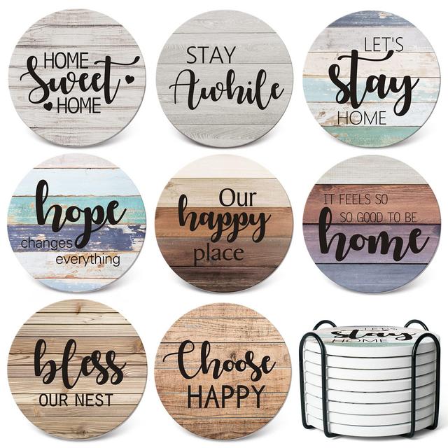 RayPard Absorbent Coasters Stone Coaster Set of 8, Cork Base, with Holder, Wood Look, Farmhouse Country Life Outdoor for Housewarming Apartment Kitchen Room Bar Décor, Rustic Style (Black Holder)