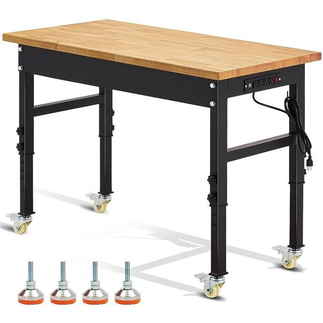 48" ×24'' Adjustable Workbench,Rolling Heavy-Duty Worktable with Power Outlet and Wheels,Large Load Capacity Rubber Wood Top Workbench for Garage,Office,Workshop,Home, Easy Assembly(48'' Black)