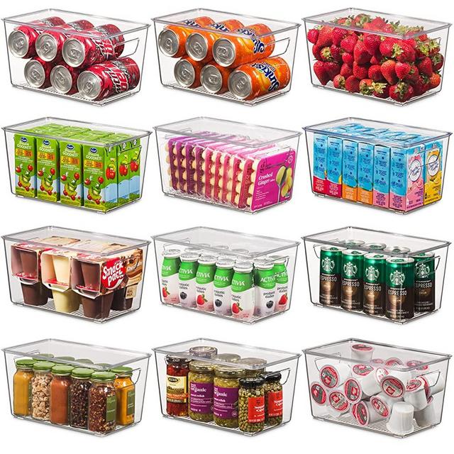 Set Of 12 Refrigerator Organizer Bins with Lids - Plastic Pantry Organization and Storage Baskets - Stackable Food Fridge Organizers with Cutout Handles for Freezer, Kitchen, Countertops, Cabinets