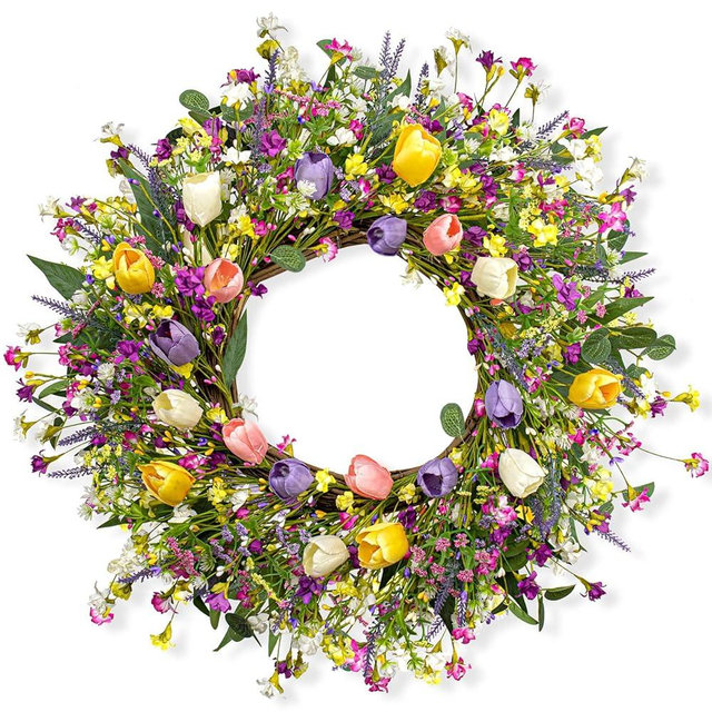 DIYFLORU 22 Inches Spring Wreaths for Front Door Rustic Summer Door Wreath Colorful Spring Floral Wreaths Farmhouse Easter Tulip Wreath for Window Front Porch Home Indoor Inside Outside Decoration