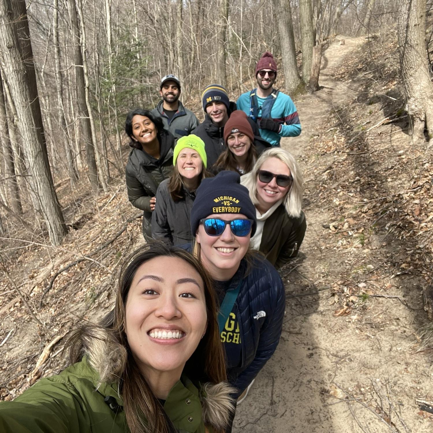 On a hike as part of Kavya’s med school gang’s annual fall cabin trip