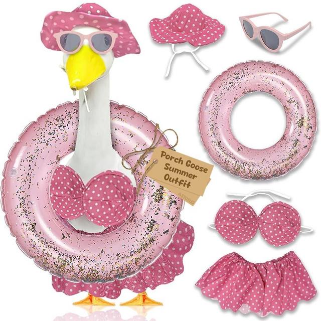 Asidius Summer Goose Outfit, Porch Goose Outfits with Porch Goose Bikini, Hat Sunglasses & Swimming Ring for Garden Goose Lawn Goose Summer Outdoor Decor(Pink)