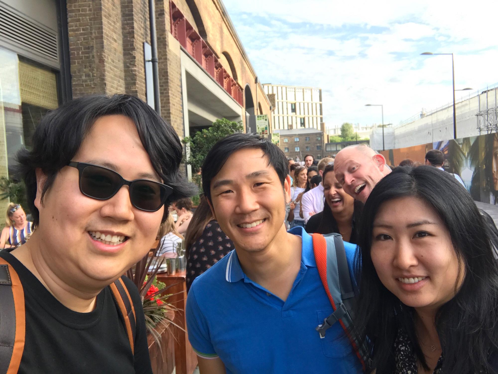 Here we're about to enjoy a delicious Indian dinner with Larry in London.