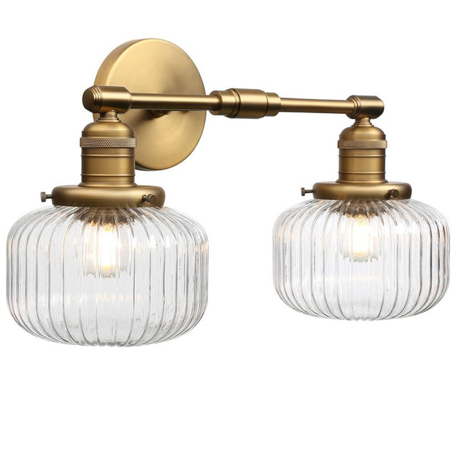 JIMUBEAM 2-Lights Industrial Glass Wall Sconces, Antique Brass Clear Striped Globe Shade Wall Light Fixture for Bathroom Vanity, Bedroom, Dining Room, Living Room, Farmhouse, Stairs