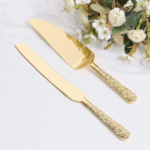 Wedding cake knife and server set, personalized gold cake serving set, Engraved cake cutting set for wedding, Pie server pizza cutter, bridal gift (Flower)