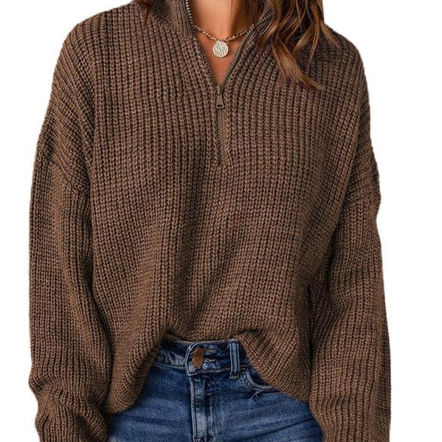 Dokotoo Womens Sweaters Long Sleeve 1/4 Zip Pullover Polo V Neck Dressy Casual Tops