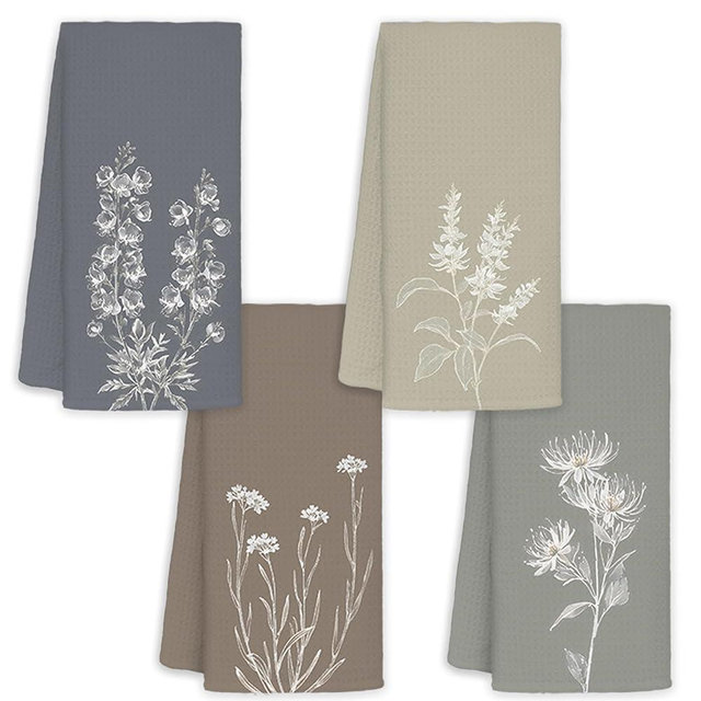 JINYO Minimalist Boho Floral Hand Towels for Bathroom Set of 4, Neutral Botanical Decorative Towels for Kitchen Spa Guest Bathroom Decor, Wildflower Decor Dish Tea Towels, 16x24 Inch