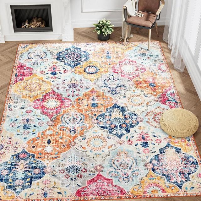 WondRg Area Rug 5x7 Trellis Bedroom Living Room Large Rug Soft Non Slip Washable Indoor Throw Rug Distressed Design Laundry Dining Room Floor Carpet, Orange Multi