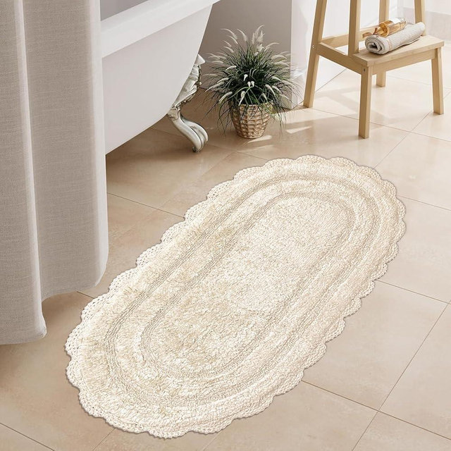 Chardin home Ivory Crochet Bath Runner Rug, 100% Cotton Oval bathmat with artisanally Handcrafted Crochet Border, 24x60 Inch, Large Long Rug, Perfect for Master bathrooms, bathtubs, Bedside, Nursery.