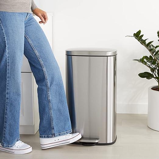 Amazon Basics Smudge Resistant Rectangular Trash Can With Soft-Close Foot Pedal, Brushed Stainless Steel, 30 litre/7.9 gallon, Satin Nickel Finish, 13.8"L x 11.8"W x 25"H