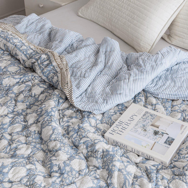 Dusty Blue Cotton Quilt, Indian Hand Block Printed Quilt Bedspread, Floral Printed Queen Comforter, Soft Summer Blanket, All Season Quilt