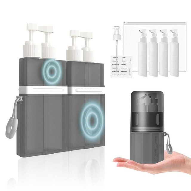 TechoEcho 4 in 1 Travel Toiletry Containers,TSA Approved Refillable Travel Size Toiletries Bottles Set with Suction Cup for Smooth Walls - for Shampoo,Conditioner,Body Wash,Lotion.(Grey)
