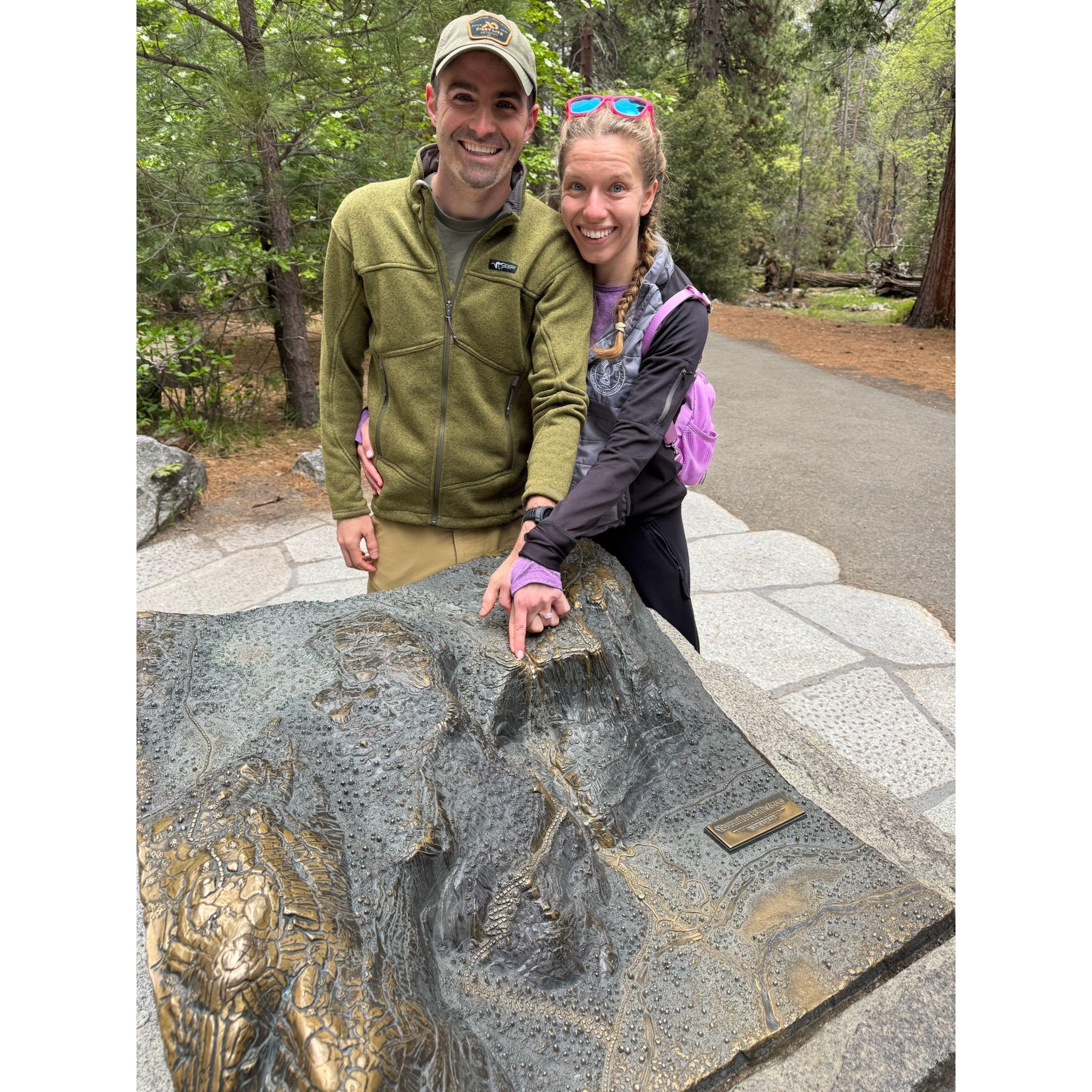 With a metal diorama of the Upper Yosemite Falls Trail at the base of Lower Yosemite Falls