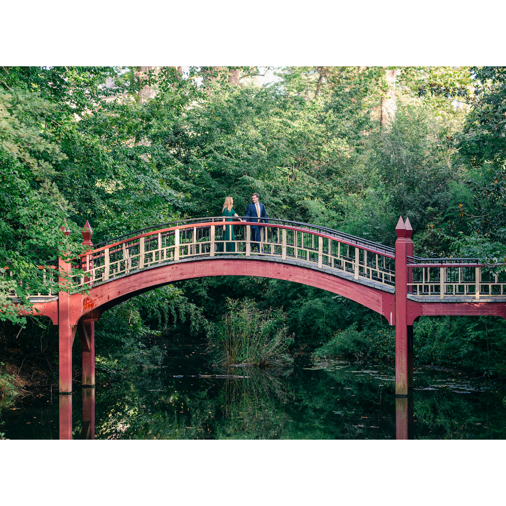 Crossing the Crim Dell Bridge at William and Mary for the engagement shoot. Legend has it if you cross the bridge together, you will be together forever! September 2021