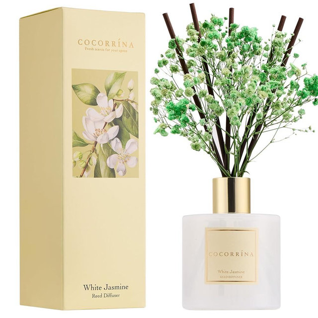 COCORRÍNA Reed Diffuser - White Jasmine 6.7 Fl.oz Reed Diffuser Set with Sticks & Preserved Baby's Breath, Reed Diffuser for Home Bathroom Shelf Decor