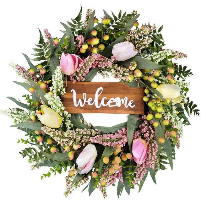 20 Inch Tulip Wreaths for Front Door with Tulip,Berries,Boxwood and Cattails Welcome Wreath for Front Door, Porch, Window - Green Decor for Home, Farmhouse - Spring, Summer, Fall, All Seasons
