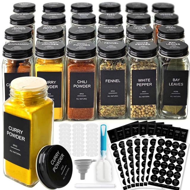 GPOVVIMX 24 Pcs Glass Spice Jars with 408 Labels, 4oz Empty Seasoning Bottles Square Containers with Black Metal Caps - Shaker Lids, Funnel, Brush and Marker Included