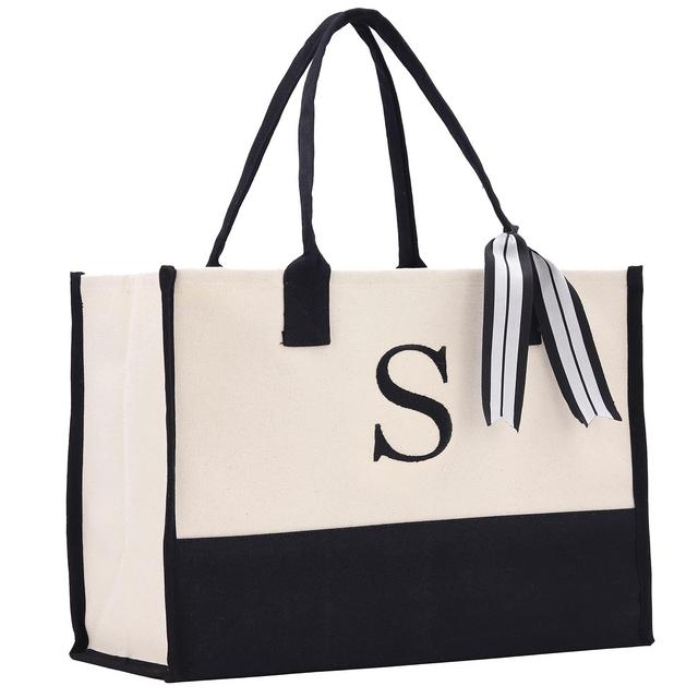 Personalized Gift Monogram Initial 100% Cotton Two Tone Chic Tote Bag with Customize Option - Black