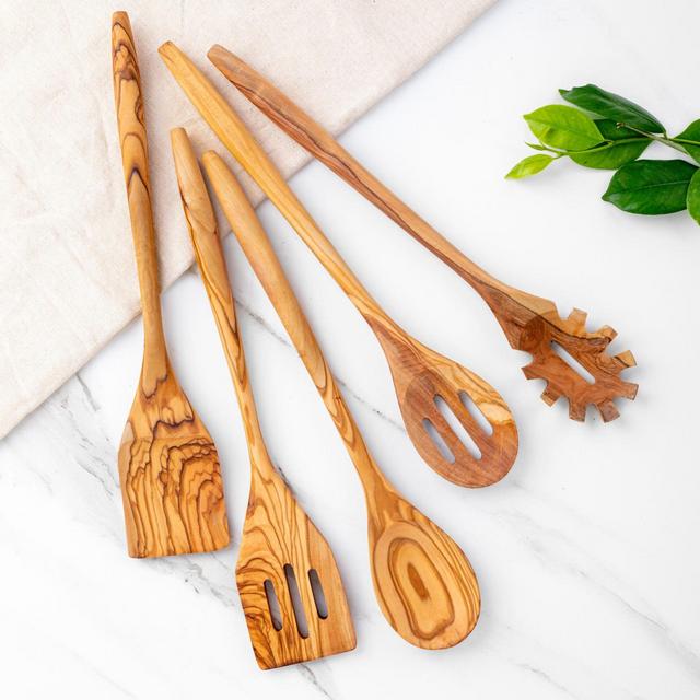 Olive Wood Utensils Set of 5 Kitchen Utensils: Wooden Cooking Spatulas & Spoons + FREE Personalization and Wood Beewax