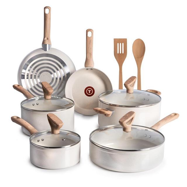 T-Fal Revive Ceramic Nonstick Cookware Set, Oven Safe Up to 350ºF, 12-Piece, Includes Stockpot, Saucepan, Skillet, Frying Pans, Utensils, Ceramic Pots and Pans Set, Beige Granite