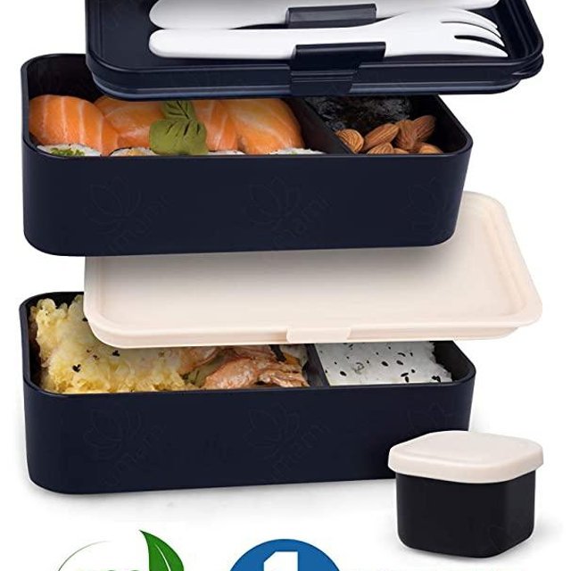 UMAMI Premium Bento Lunch Box For Adults/Children - Includes 1 Sauce Pot & Cutlery 3 Pieces - Japanese Hermetic Box - 2 Compartments - Micro-Waves & Dishwasher & Freezer - BPA Free - Zero Waste