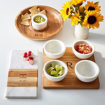 Monogrammed Wood and Marble Chip and Dip Set - White