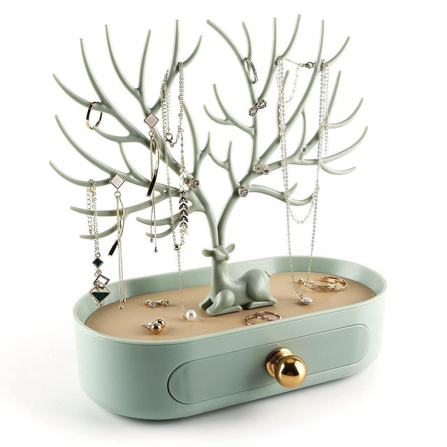 MORE&LESS Antlers Jewelry Display Stand with Aluminium alloy handle, Tree Tower Rack Hanging Organizer for Ring Earrings Necklace Bracelet, Deer Horn Tree Stand with Storage Drawer and Tray
