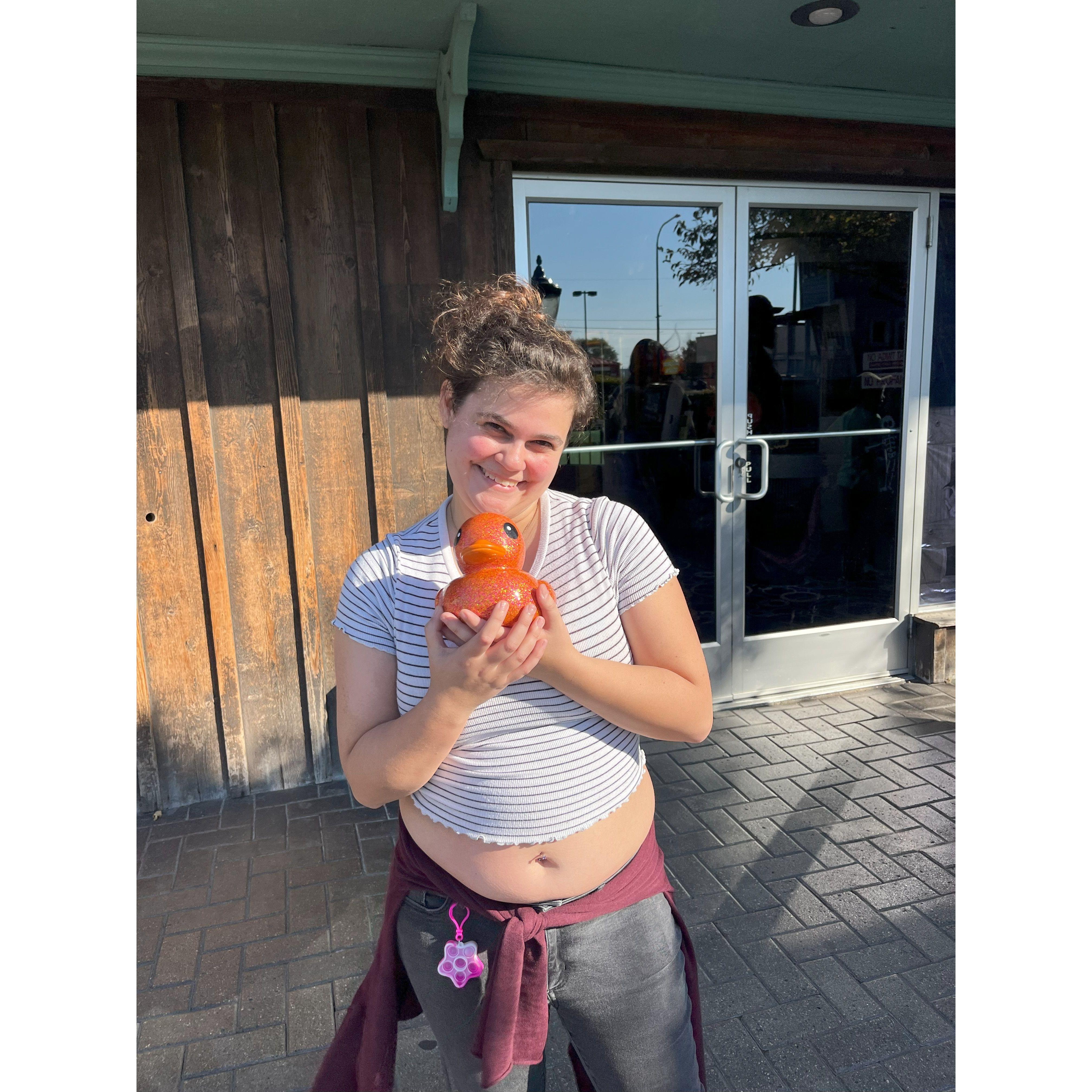 Jayden won this duck for Sarah in a claw machine. She's so happy!