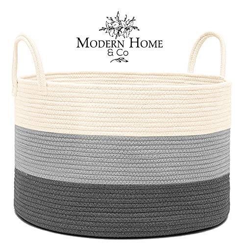 Modern Home & Co XXL Cotton Rope Basket 20X13.3 Woven Baby Laundry Baskets Storage Bins,Thread Hamper Decorative Clothes Wicker Bin With Long Handles Extra Large For Blanket,Pillows,Toy,Coiled Grey