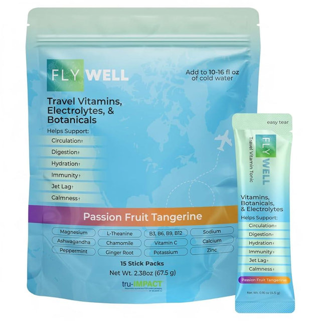 FlyWell Travel Vitamin Tonic for Flight, Jet Lag, Hydration, Circulation, Digestion & Immune Support, Promotes Calmness, Electrolyte Powder, Travel Essentials, Passion Fruit Tangerine, 15 Sticks