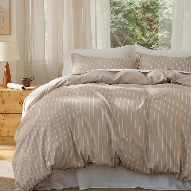 Bedsure 100% Washed Cotton Duvet Cover Queen Size, Classic Striped Duvet Cover Set Enhances Bedroom Comfort and Style, GentleSoft™ and Breathable Bedding Set, Stripes Tan/White, 90"x90"